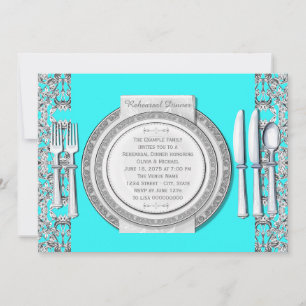 Elegant Silver Teal Blue Rehearsal Dinner Invitation