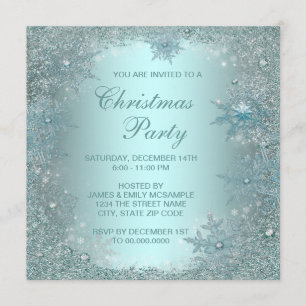 Elegant Silver Teal Blue Snowflake Christmas Party Invitation