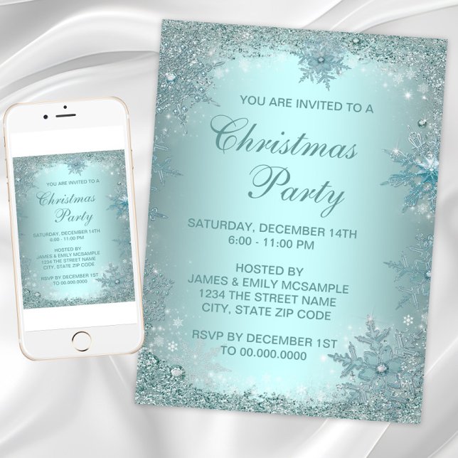 Elegant Silver Teal Blue Snowflake Christmas Party Invitation (Snowflake Christmas & any occasion invitation. Instant download and printed invitations avialable)