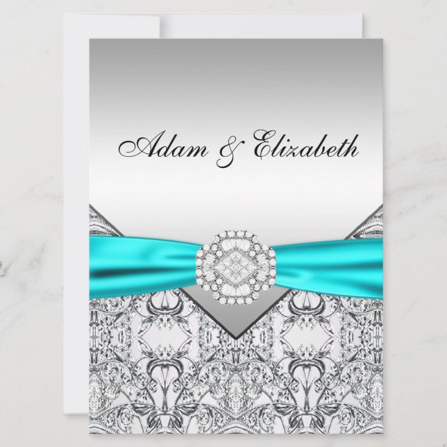 Elegant Silver Teal Blue Wedding Invitations (Front)