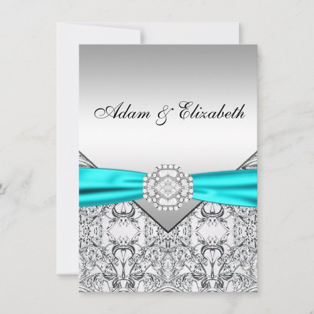 Elegant Silver Teal Blue Wedding Invitations (Front)