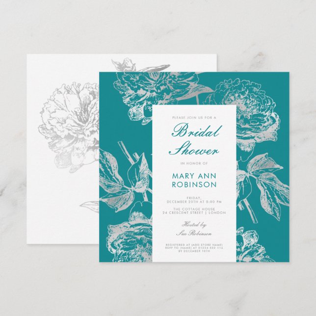 Elegant Silver Teal Bridal Shower Party Floral Invitation (Front/Back)