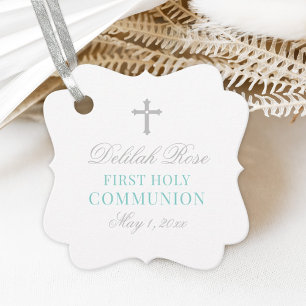Elegant Silver Teal First Communion for Girl Favour Tags