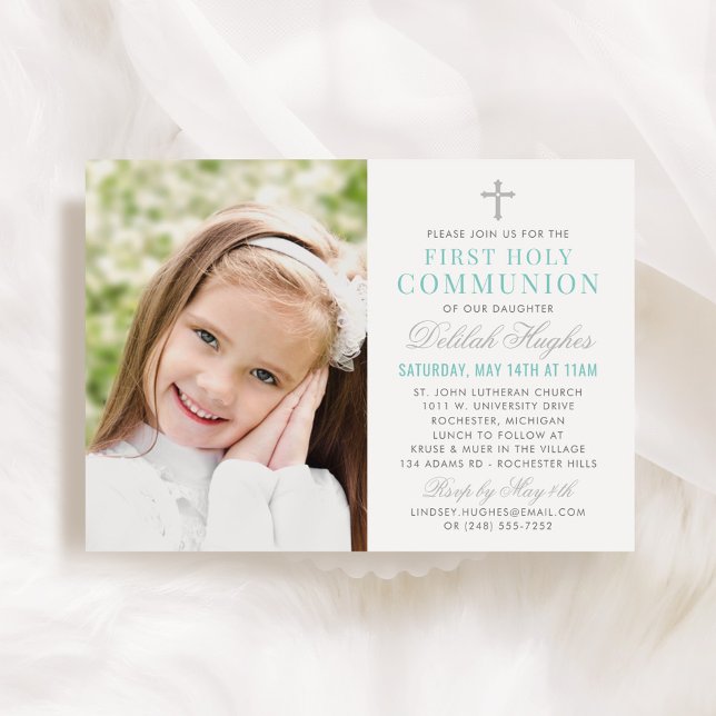 Elegant Silver Teal First Communion Girl Photo Invitation (Creator Uploaded)