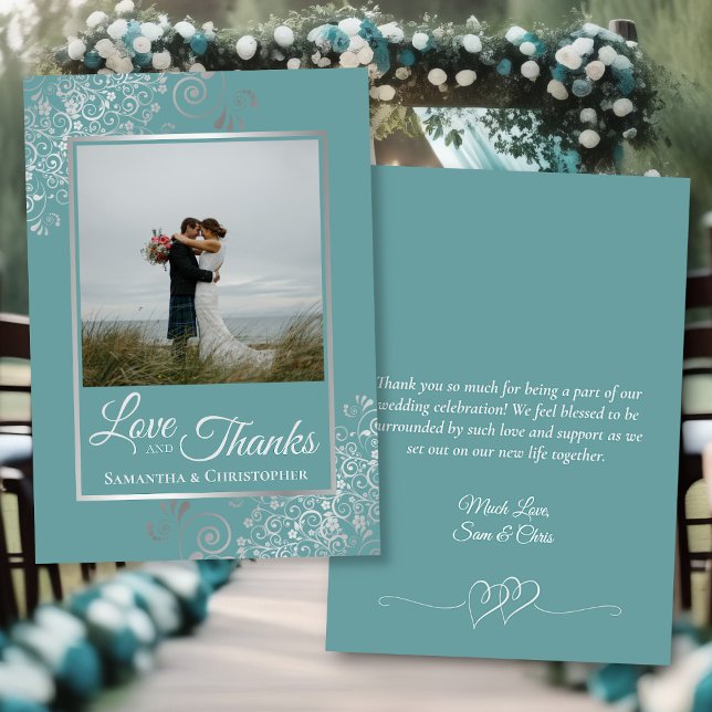 Elegant Silver & Teal Photo & Note Wedding Thank You Card (Front/Back)
