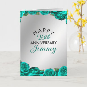 Elegant Silver Teal Roses Husband 25th Anniversary Card