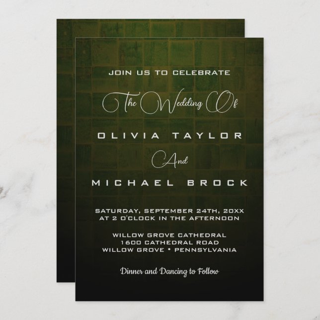 Elegant silver text on dark green wedding invitation (Front/Back)