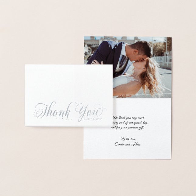 Elegant Silver Thank You Wedding Calligraphy PHOTO Foil Card (Display)