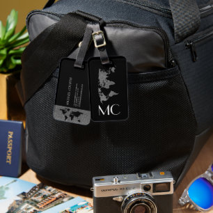 Elegant Silver Travel World Map Monogrammed Name Luggage Tag