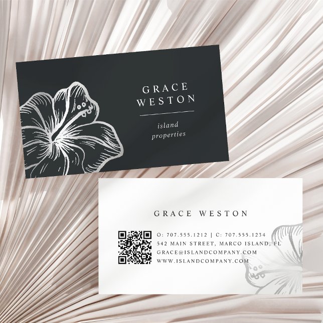 Elegant Silver Tropical Hibiscus Flower QR Code Business Card (Creator Uploaded)