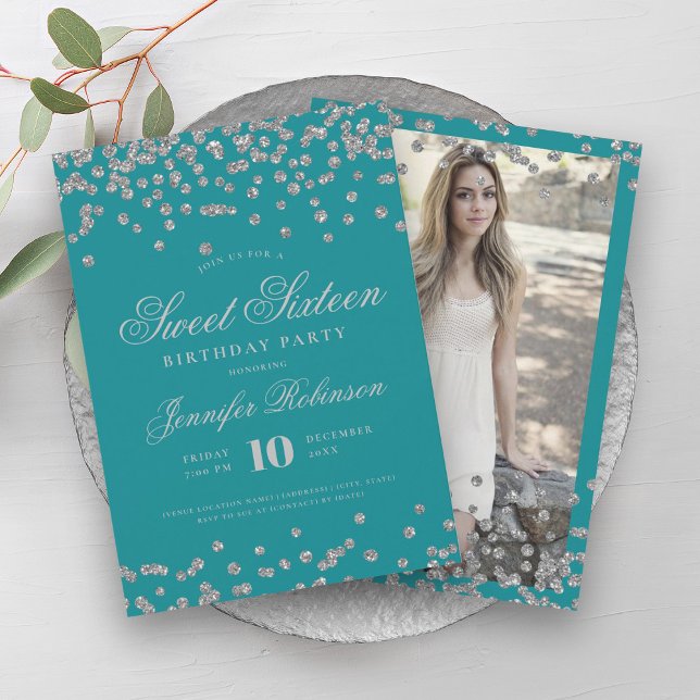 Elegant Silver Turquoise Confetti Photo Sweet 16   Invitation (Elegant Silver Turquoise Confetti Photo Sweet 16 Invitation)