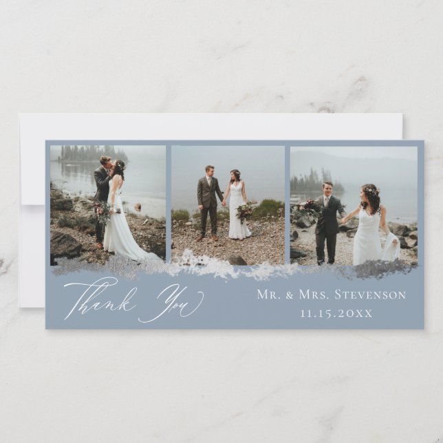 Elegant Silver Vein Wedding Photo Thank You Card (Front)