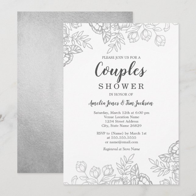 Elegant Silver Vintage Floral Couples Shower Invitation (Front/Back)