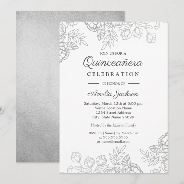 Elegant Silver Vintage Floral Quinceanera Invite (Front/Back)