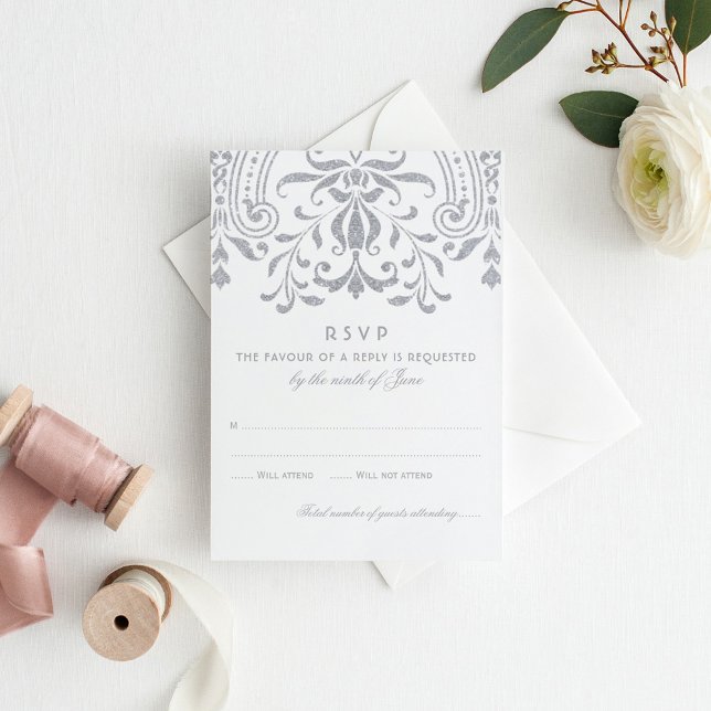 Elegant Silver Vintage Glamour Wedding RSVP Card (Creator Uploaded)