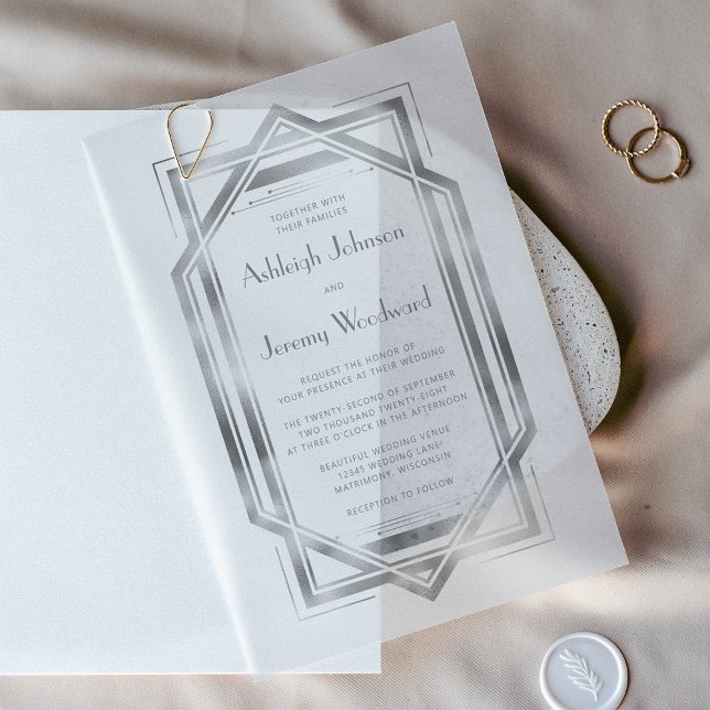 Elegant Silver White 1920s Deco Frame Wedding Vellum Invitations (Creator Uploaded)