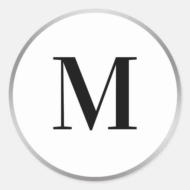 Elegant Silver White and Black Initial Monogram Classic Round Sticker (Front)