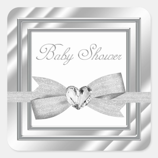 Elegant Silver White Baby Shower Stickers (Front)