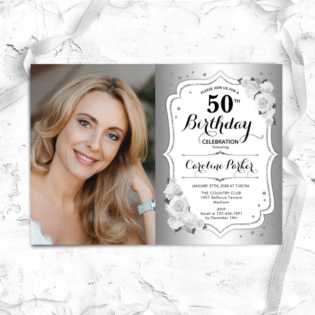 Elegant Silver White Floral Photo 50th Birthday Invitation (Creator Uploaded)