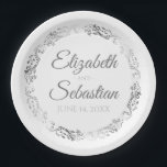 Elegant Silver & White Frilly Filigree Wedding Paper Plate<br><div class="desc">These beautiful paper plates are designed to coordinate with our Silver Foil Elegant Wedding Suite. They feature a faux foil gold floral border with a space to enter the name of the couple and the wedding date. Text is gray, background is white. Fully customizable. Make your wedding reception all the...</div>