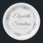 Elegant Silver & White Frilly Filigree Wedding Paper Plate<br><div class="desc">These beautiful paper plates are designed to coordinate with our Silver Foil Elegant Wedding Suite. They feature a faux foil gold floral border with a space to enter the name of the couple and the wedding date. Text is gray, background is white. Fully customizable. Make your wedding reception all the...</div>
