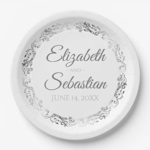 Elegant Silver & White Frilly Filigree Wedding Paper Plate