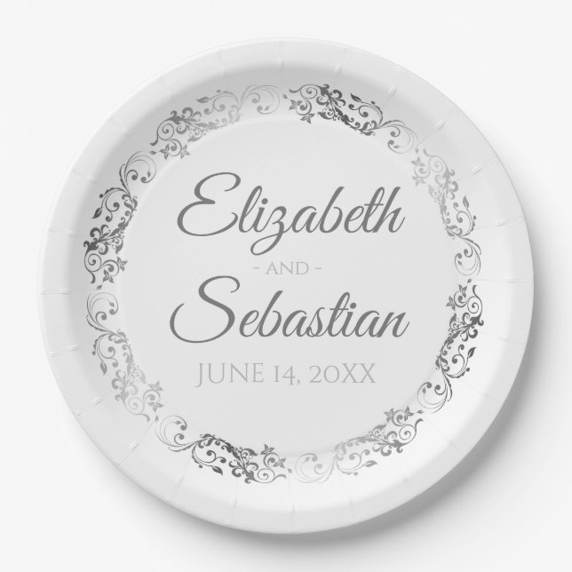 Elegant Silver & White Frilly Filigree Wedding Paper Plate (Front)