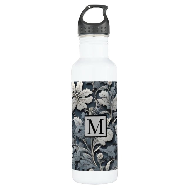 Elegant silver white grey floral 710 ml water bottle (Front)