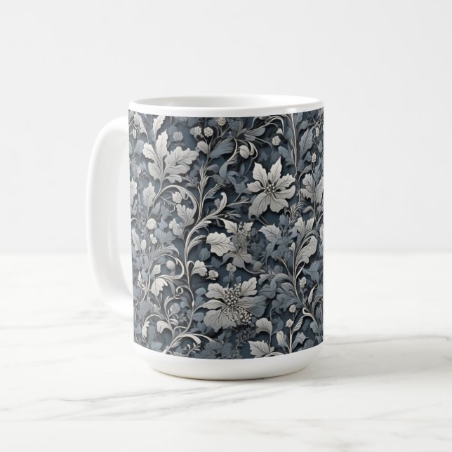 Elegant silver white grey floral coffee mug (Front Left)