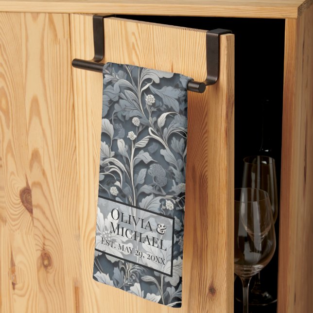 Elegant silver white grey floral tea towel (Thirds Fold)