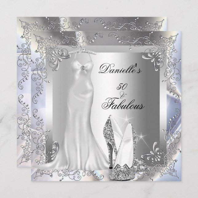 Elegant Silver White High Heel Shoe Fabulous 50 Invitation (Front/Back)