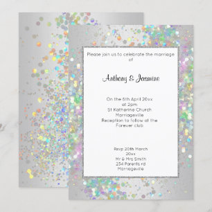 ELEGANT SILVER WHITE HOLOGRAPHIC PASTEL WEDDING INVITATION