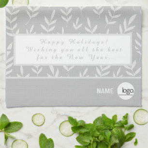 ELEGANT SILVER WHITE LEAFY FOLIAGE HOLIDAYS LOGO TEA TOWEL