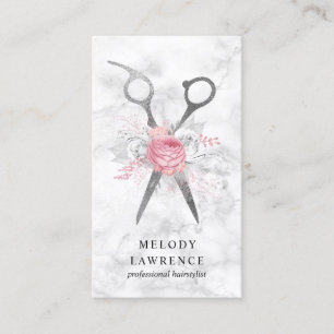 Elegant silver white marble scissors hairstylist business card