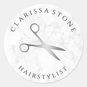 Elegant silver & white marble scissors hairstylist classic round sticker