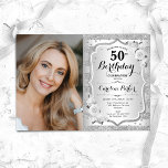Elegant Silver White Photo 50th Birthday Invitation<br><div class="desc">Elegant floral feminine 50th birthday invitation with your photo. Glam design with faux glitter silver. Features stripes, white roses, script font and confetti. Perfect for a stylish adult bday celebration party. Personalise with your own details. Can be customised for any age! Printed Zazzle invitations or instant download digital printable template....</div>