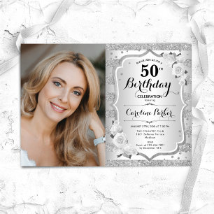 Elegant Silver White Photo 50th Birthday Invitation