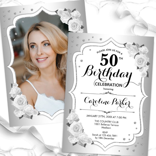Elegant Silver White Photo 50th Birthday Invitation (Creator Uploaded)