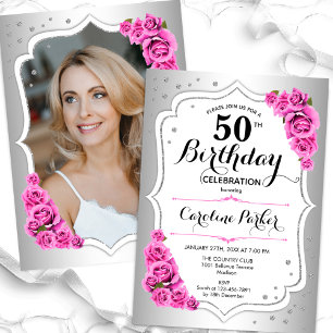 Elegant Silver White Pink Photo 50th Birthday Invitation