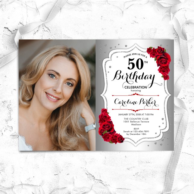 Elegant Silver White Red Roses Photo 50th Birthday Invitation (Creator Uploaded)