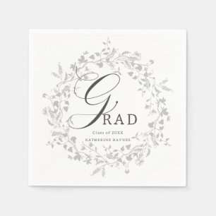 Elegant Silver Wildflower Wreath Graduation  Napkin