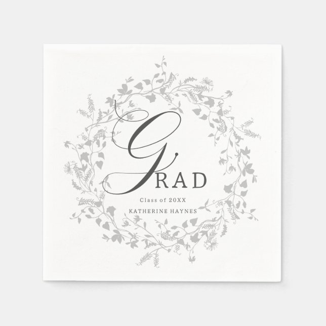 Elegant Silver Wildflower Wreath Graduation  Napkin (Front)