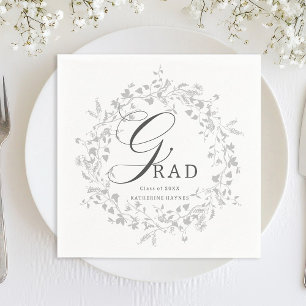 Elegant Silver Wildflower Wreath Graduation  Napkin