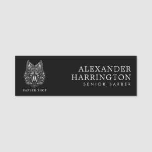 Elegant Silver Wolf Barber Shop Logo Staff Name Tag