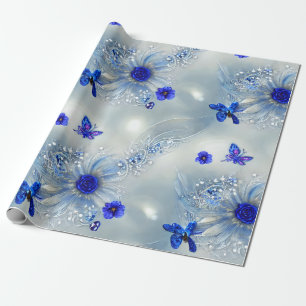 Elegant Silvery, Blue & Grey Floral & Butterfly Wrapping Paper
