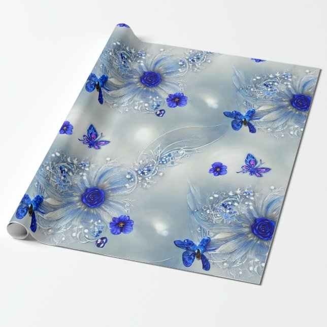 Elegant Silvery, Blue & Grey Floral & Butterfly  Wrapping Paper (Unrolled)