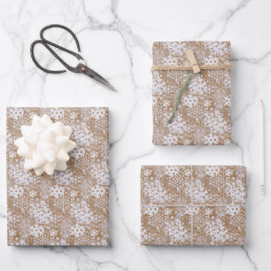 Elegant Silvery White Snowflakes Kraft Brown  Wrapping Paper Sheet