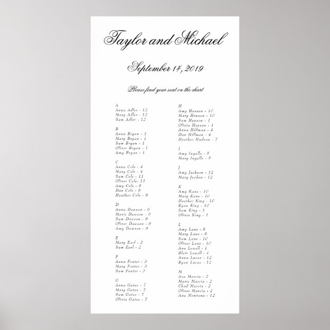 Elegant Simple Alphabetical Seating Chart A-M (Front)