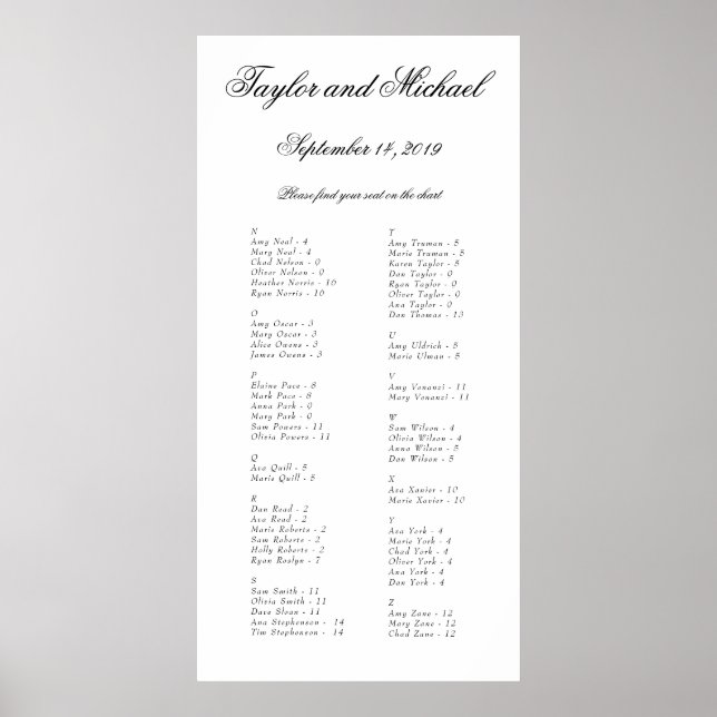 Elegant Simple Alphabetical Seating Chart N-Z (Front)