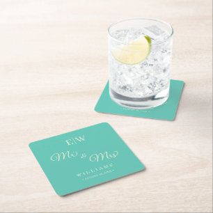 Elegant Simple Aquatic Awe with Monogram Wedding Square Paper Coaster